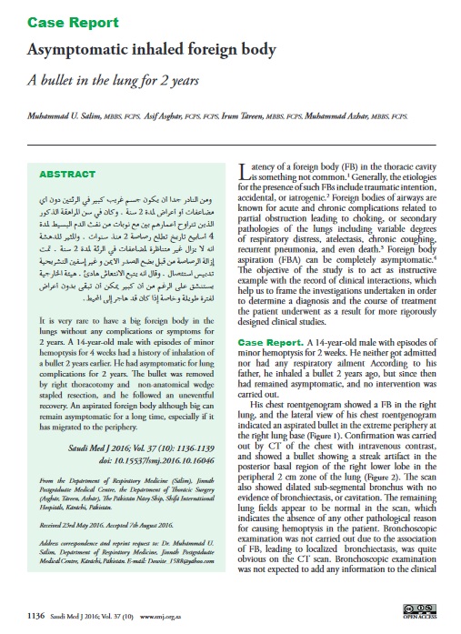 Asymptomatic inhaled foreign body: A bullet in the lung for 2 years