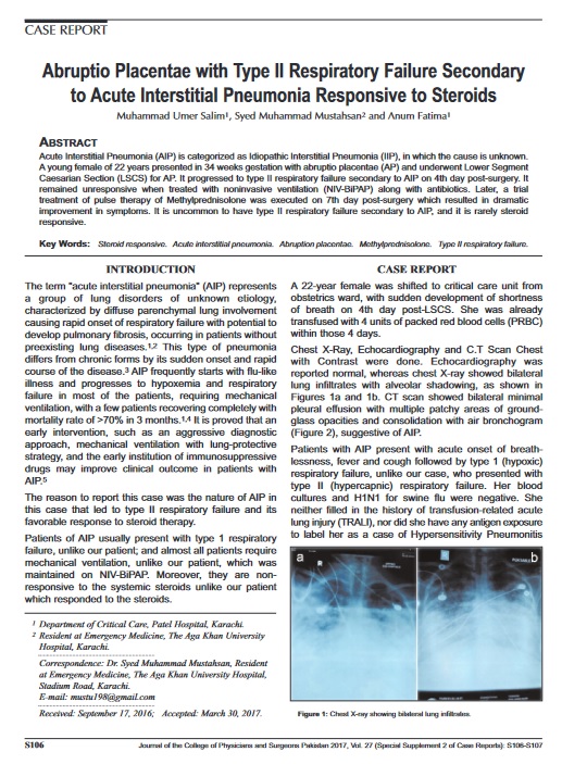 Abruptio Placentae with Type II Respiratory Failure Secondaryto Acute Interstitial Pneumonia Responsive to Steroids